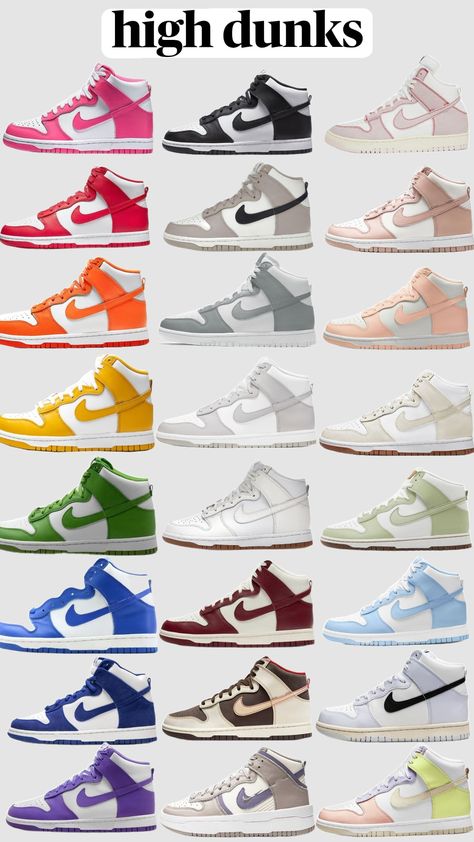 high nike dunks #nikedunks #nike #dunks #colors #high Nike Shoes Women Dunks High, Dunks Shoes High Top, Dunks Colors, Nike Dunks High Tops, High Nike Dunks, Nike High Dunks, Cose Aesthetic, Nike Dunks High