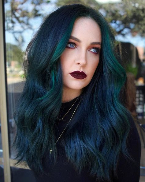 Black Hair With Vibrant Colors, Dark Blue And Teal Hair, Dark Fashion Colors Hair, Fun Winter Hair Colors, Alternative Hair Color Ideas For Brunettes, Dark Teal Hair Ombre, Smokey Teal Hair, Emerald Green Hair Balayage, Dark Blue And Green Hair