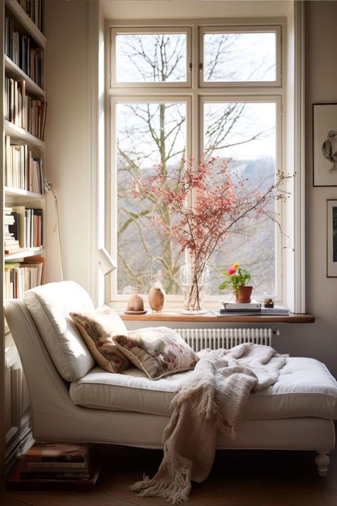 Daybed Reading Nook Cozy Corner, Living Room Window Nook, Cosy Window Seat, Reading Corner Window, Reading Window Seat, Relax Corner Ideas, Cozy Corner Reading Nook, Hygge Reading Nook, Corner Reading Nook Living Room