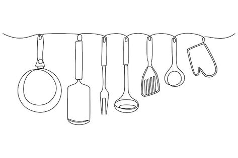 Minimalist Food Drawing, Cooking Line Art, Food Minimalist Drawing, One Line Drawing Food, Cooking Art Drawing, Cooking Utensils Illustration, Food Line Drawing, Kitchen Symbols, Kitchen Utensils Drawing