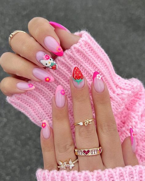 Sweet summer vibes! These nails feature adorable Hello Kitty and strawberry designs with vibrant pink accents. Perfect for a cute and playful summer look. 🍓🌸@nails_by_annabel_m Strawberries Nails, New Nail Designs, Hello Kitty Nails, Vibrant Nails, Cute Summer Nails, Soft Nails, Cat Nails, Gem Nails, Pink Acrylic Nails