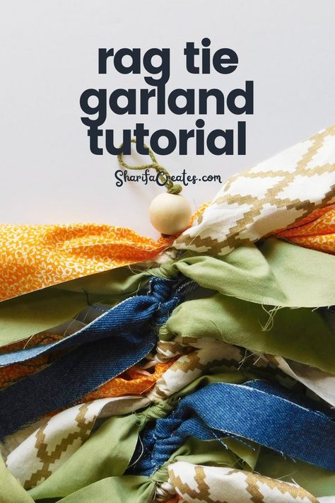 Lighted Rag Garland Diy, Rag Ribbon Garland, Homemade Fabric Garland, Rag Banner Diy How To Make, How To Make A Rag Garland, Thanksgiving Fabric Garland, Diy Fabric Garland How To Make, Fabric Rag Garland, How To Make A Fabric Garland