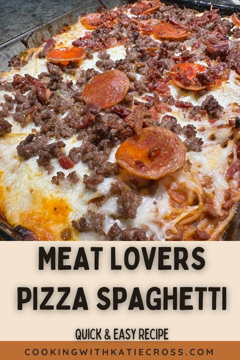 This Meat Lovers Pizza Spaghetti recipe features all the flavors of a traditional meat lovers pizza packed into simple spaghetti dish that the whole family will love. Baked Pizza Spaghetti, Pizza Spaghetti Bake, Meat Lovers Spaghetti, Meat Lovers Pizza Recipe, Spaghetti Easy Recipe, Pizza Meat Lovers, Meat Lovers Pizza Spaghetti Bake, Meat Lovers Pizza Casserole, Pizza Spaghetti Casserole