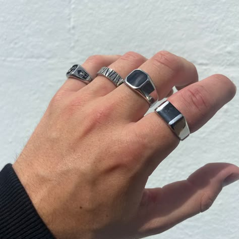 Mens Silver Onyx Signet Rings #signet #onyx #rings #ringsjewelry #mensjewelry Guy Silver Rings, Mens Aesthetic Accessories, Onyx Rings For Men, Knuckle Rings For Men, Signet Ring Men Aesthetic, Male Silver Ring, Thick Rings Men, Silver Male Rings, Chunky Silver Rings Men