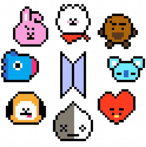 Bt21 cross stitch pattern that I made  #bt21 #bts #kpop #crossstitch #RJ #shooky #koya #tata #van #chimmy #mang #cooky #pixal_art Bt21 Perler Bead Patterns, Bt21 Pixel Art Grid, Pixel Art Pattern Kpop, Bt21 Cross Stitch, Bt21 Perler Beads, Bt21 Cross Stitch Pattern, Bts Cross Stitch Patterns, Bts Perler Beads, Kpop Cross Stitch