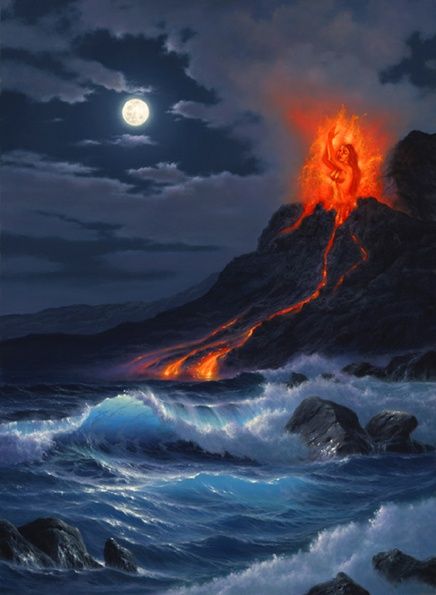 Myth of Pele Fire Goddess | mythology. In addition to being recognized as the goddess of: fire ... Hawaiian Images, Volcano Painting, Goddess Pele, Hawaiian Mythology, Goddess Of Fire, Hawaiian Goddess, Hawaiian Legends, Fire Elemental, Fire Goddess