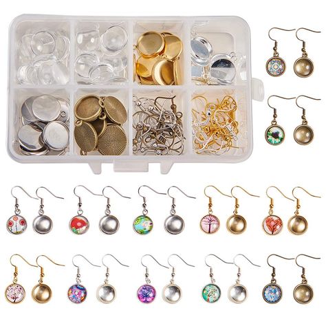 PRICES MAY VARY. ★PACKAGE INCLUDE - 40pcs x 12mm Cabochon Pendant Settings(Silver & Golden & Platium & Antique Bronze); 40pcs x 12mm Clear Glass Cabochons; 40pcs x Earring Wire Hooks; 1pc x Plastic Box. ★DIY 20 PAIRS CABOCHON DANGLE EARRINGS - Great for DIY jewelry making. add a picture or photo you can make 20 pairs photo pendant dangle earrings(5 pairs/color, 4 color). ★MATERIAL - Made of zinc alloy in a silver and gold tone (lead and nickel free) ★CABOCHON EARRING KIT - just add a something u Diy Cabochon Earrings, Plastic Box Diy, Earring Making Tutorials, Earring Making Supplies, Earring Kit, Cabochon Earrings, Jewelry Making Kits, Bezel Earrings, Earrings Making