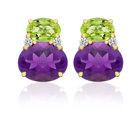 A Kiki favourite, double oval studs in vibrant peridot and purple amethyst and set in 18ct yellow gold with diamonds Kiki Mcdonough, Oval Stud Earrings, Amethyst Gold, Jewel Box, Fine Jewelry Designers, Amethyst Earrings, Precious Gems, Stylish Jewelry, Purple Amethyst