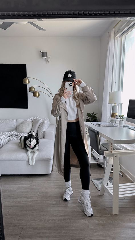 Athleisure Outfits Trench Coat, Trench Coat Hat Outfit, Athleisure With Trench Coat, Trench Coat Hoody Outfit, Trench Coat Baseball Hat Outfit, Sporty Trench Coat Outfit, Trench Coat With Sweatpants, Trench And Hoodie Outfit, Trench Coat Sweatshirt Outfit