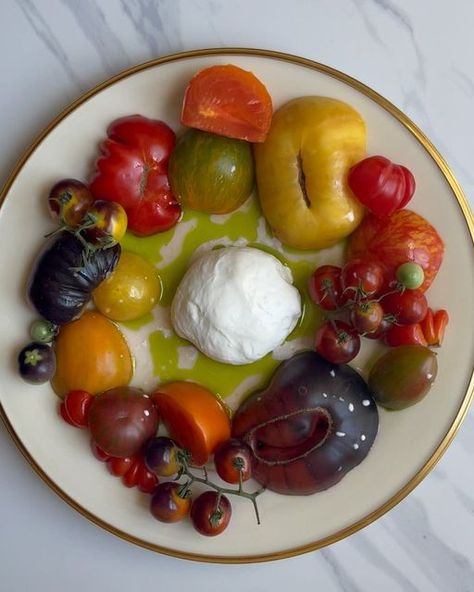 Tomato Salad Aesthetic, Tomato Birthday Party, Tomato Buratta, Tomato Focaccia, Buffalo Milk, Chive Blossom, Champagne Vinegar, Tomato Season, Tasting Party