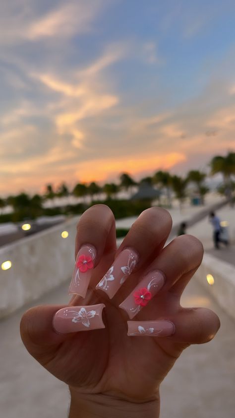 IG: coralmichelle_ Long Nails Vacation, Vacation Nails Medium Length, Square Acrylic Nails Vacation, Vacation Nails With Gems, Vacation Tropical Nails, Cute Spring Break Nails Simple, Vacay Nails Black Women, Cancun Nails Ideas, Vacation Nail Set