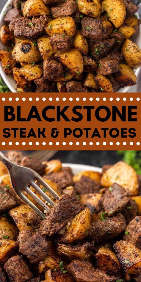 Blackstone Steak and Potatoes Recipe - grillonadime.com Stew Meat Blackstone, Stew Meat On Blackstone, Black Stone Beef Recipes, Easy Recipes For Blackstone Grill, Food To Make On A Griddle, Steak Bites On Blackstone Griddle, Ribeye Blackstone, Hamburger Recipes On Blackstone, Steak Blackstone Recipes