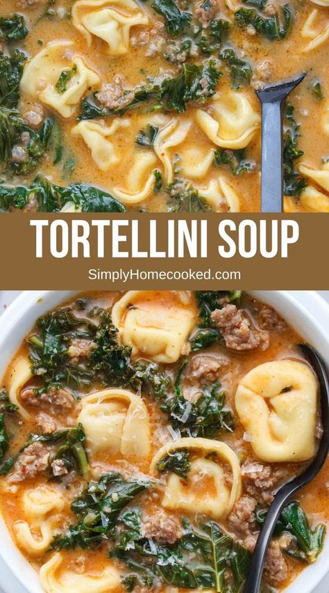 This Tortellini Soup is made with creamy broth, chunks of savory sausage, and tender kale. You’ll love the delicious flavor of this hearty and healthy dish. Tortellini Kale Parmesan Soup, Tortellini And Kale Soup, Chicken Kale Tortellini Soup, Tortellini Soup With Italian Sausage And Kale, Chicken Tortellini Soup With Kale, Tortellini Kale Sausage Soup, Tortalini Soup Spinach Sausage, Kale Sausage Tortellini Soup, Tortellini Soup With Italian Sausage And Spinach