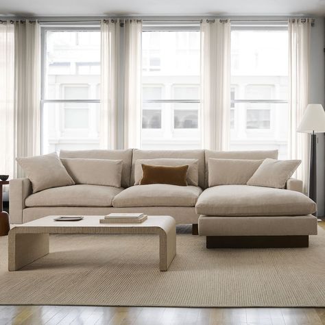 Harmony 2 Piece Chaise Sectional | Sofa With Chaise Sectional Right Chaise, Sectional Sofa And Accent Chair Layout, Living Room With Couch With Chaise, West Elm Sectional Sofa, Couch With Chaise And Chair Layout, Harmony Couch West Elm, Traditional Sectional Sofas, Sofa With Chaise Living Room Layout, Minimal Cozy Living Room