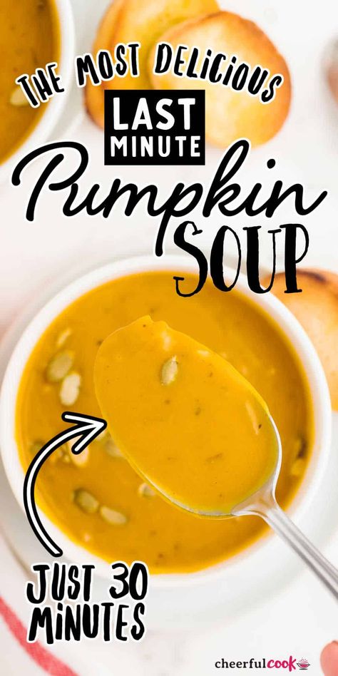 A deliciously creamy, gently spiced Pumpkin Soup that is ready in about 30 minutes. This is last minute recipe you'll want to make again and again. #cheerfulcook #pumpkin #pumpkinsoup #soup #30minutes #creamy #Chinese5spice Spiced Pumpkin Soup, Creamy Pumpkin Soup, Delicious Soups, Pumpkin Eater, Fall Soup, Fall Soup Recipes, Cooking Soup, Thanksgiving Recipes Side Dishes, Soup Kitchen