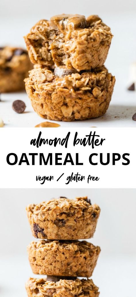 Baked Oatmeal Cups made with banana, almond butter and oats are a light breakfast and/or an easy grab-and-go snack that are low in sugar, vegan and gluten free. Healthy Baked Oatmeal, Almond Butter Oatmeal, Banana Almond Butter, Gluten Free Snack, No Bake Oatmeal Bars, Baked Oatmeal Healthy, Almond Butter Recipes, Baked Oatmeal Cups, Light Breakfast