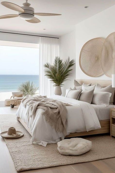 Cali Coastal Bedroom, Beige Coastal Bedroom, Florida Guest Bedroom Ideas, Coastal Master Bed Bedroom, New House Design Ideas, Checkerboard Bathroom, California Coastal Bedroom, Neutral Coastal Bedroom, Boho Beach Bedroom