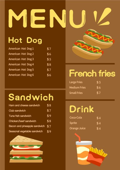 Fast Food Stall Design, Food Stall Poster Ideas, School Menu Ideas, Fast Food Menu Ideas, Menu Fast Food Design, Food Menu Design Ideas, Fast Food Menu Design, Fast Food Restaurant Design, Street Food Design