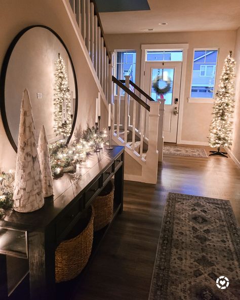 Ch Ristmas Decor, Christmas Decor Ideas Foyer Table, Christmas Entryway Table Decor With Mirror, Small Hallway Christmas Decorating Ideas, Entry Way Ideas Christmas, Christmas Decor Hallway Table, Townhome Christmas Lights, Entryway Christmas Table Decor, Xmas Entryway Decor