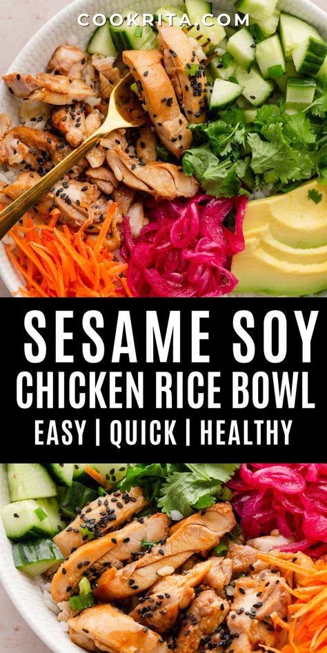 Sesame Soy Chicken Bowl Description: Savor the delicious combination of flavors in this Sesame Soy Chicken Bowl! Juicy chicken is marinated in a savory sesame soy sauce, then served over rice with fresh veggies for a wholesome and satisfying meal. This easy-to-make dish is perfect for a quick dinner or meal prep, offering a balance of rich, nutty, and savory flavors in every bite! #soyglazedchickenbowl #soygarlicchicken #soysaucechickenricebowl #chickenricebowl Meals With Soy Sauce, Chicken Edamame Bowl, Chicken Soy Sauce Recipes, Asian Bowl Recipe, Asian Chicken Bowl, Rice Bowl Sauce, Chicken Bowl Meal Prep, Chicken Bowls Healthy, Easy Asian Chicken