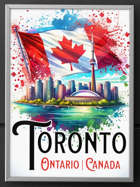 Toronto Ontario Canada print will delight all those who love Toronto, Canada and Canadiana! This item is a DIGITAL DOWNLOAD, therefore ideal for home printing and framing as a gift. The Canadian flag, in all its Maple Leaf glory, dominated this Toronto vintage travel poster which also features the CN Tower and Lake Ontario. Canadian Flag Art, Canada Culture, Toronto Poster, Canada Decor, Canada Pictures, Happy Canada Day, Toronto Ontario Canada, Canadian Flag, Flag Art