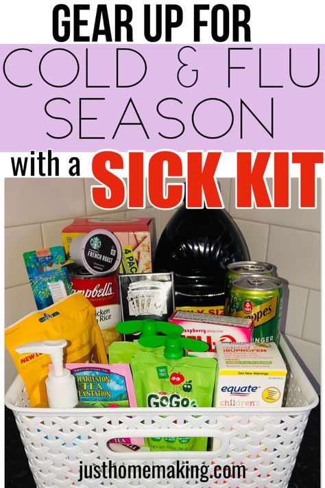 Prepare for Cold & Flu Season with a Sick Kit. This Cold and Flu Season,  make sure you’re a prepared mom with a DIY Sick Kit for kids. The next  time your kids or someone in your house has a sick day, you’ll be ready  with this Survival Kit. You could also make this Cold & Flu Care  Package for a friend or coworker who might be sick. Sick Box Care Packages, Sickness Gift Basket, Diy Sick Care Package, Sick Care Package Friends, Sick Care Package Ideas, Sick Day Care Package, Sick Care Basket, Sick Day Basket, Care Package Ideas For Friend Sick