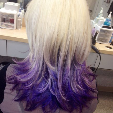 Purple blonde ombré! Blonde And Purple Ombre, Purple Underlights Blonde Hair, Blond Hair Purple Tips, Purple Hair And Blonde, Dark Purple Blonde Hair, Blonde Hair Colored Ends, Purple Red Blonde Hair, White Hair With Purple Tips, Blonde And Dark Purple Hair