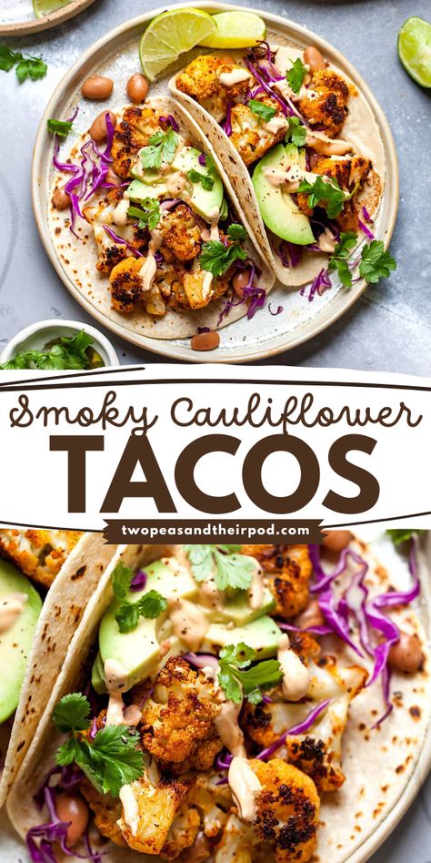 These Smoky Cauliflower Tacos are a great addition to your Cinco de Mayo dinner menu! These vegetarian tacos are full of flavor and a great way to mix up taco night! Pin this easy Cinco de Mayo recipe! Salmon Tacos Recipe, Roasted Cauliflower Tacos, Chipotle In Adobo Sauce, Chickpea Tacos, Meatless Mains, Salmon Tacos, Cauliflower Tacos, Vegetarian Tacos, Diner Recept