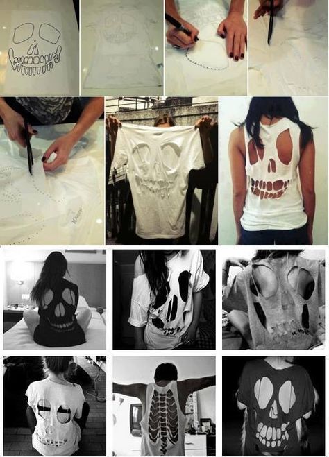 Cut Tshirt Diy, Cut Up T Shirt, Cut Shirt Designs, Diy Cut Shirts, Diy Skulls, Shirt Makeover, Cutout Shirts, Cut Up Shirts, Tshirt Makeover