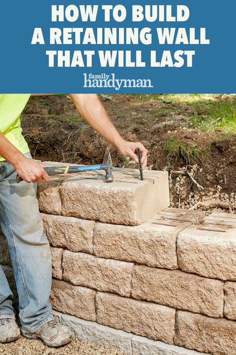 How to Build a Retaining Wall That Will Last Retaining Wall On Driveway, 3ft Retaining Wall Ideas, Building A Retaining Wall Flower Bed, Retaining Wall Diy How To Build, Diy Brick Retaining Wall, Retaing Wall Ideas Diy, How To Build A Brick Wall, Stone Retaining Wall Driveway, Building A Retaining Wall On A Slope