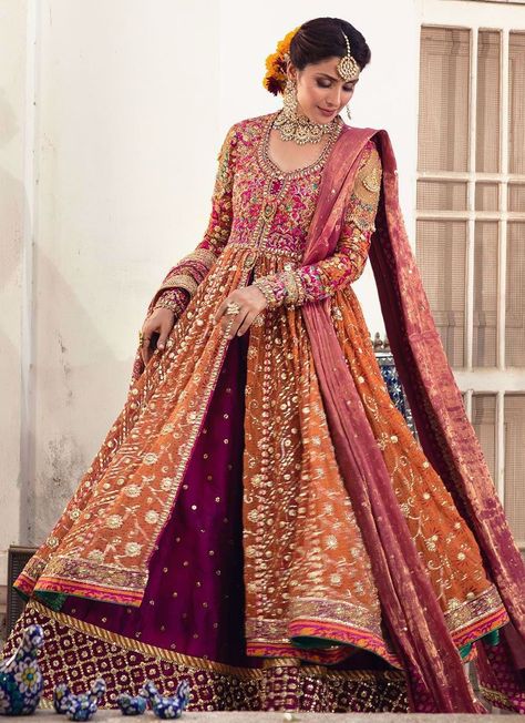 Farah Talib Aziz. Gul bahaar kalidaar Embroidered Bridal Lehenga, Mehndi Outfit, Red Bridal Dress, Mehndi Dress, Nikkah Dress, Bridal Dresses Pakistan, Bridal Dress Fashion, Pakistani Bridal Dresses, Pakistani Wedding Dresses