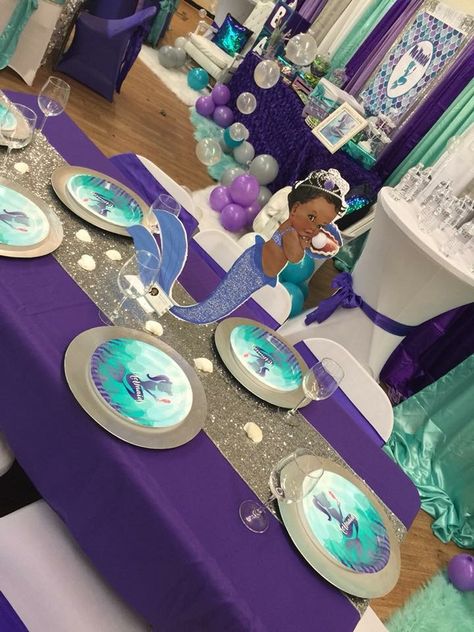 Baby shower Little Mermaid Baby Shower Ideas, Under The Sea Baby Shower Table Set Up, Mermaid Baby Shower Ideas, Mermaid Baby Shower Decorations, Purple And Blue Mermaid Party, Mermaid Babyshower, Mermaid Baby Shower Theme, Mermaid Baby Shower Invitations, Girl Shower Themes