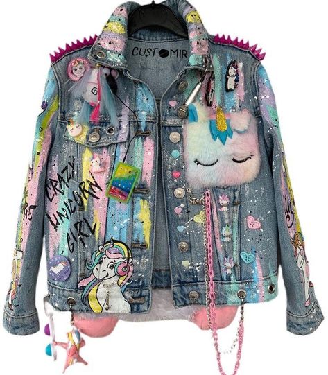 Unicorn Denim Jacket, Custom Painted Jean Jacket, Customized Jeans Jacket, Upcycle Jackets Ideas, Diy Painted Jacket, Diy Denim Jacket Paint Ideas, Customized Denim Jacket, Painted Jacket Ideas, Custom Jean Jacket Ideas