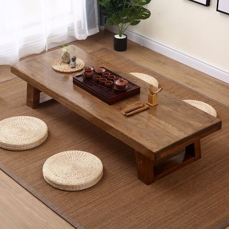 Floor Seating Dining Table, Balcony Gym Ideas Apartment, Floor Dining Ideas, Scandinavian Wood Furniture, Chabudai Japanese Style, Japanese Table Design, Japanese Style Living Room Small Spaces, Floor Table Ideas, Cozy Tea Room