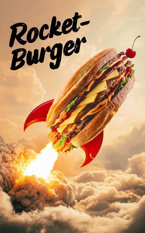 Rocket-burger, poster Burger Poster Design Graphics, Burger Advertising, Creative Food Poster Design, Burger Advertisement, Poster Burger, Supermarket Ideas, Rocket Poster, Commercial Photography Advertising, Burger Poster