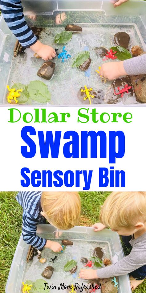 Need educational toddler activities?  Here is a fun swamp sensory bin for toddlers and preschoolers where kids will learn about a habitat for swamp creatures.  A quick easy to set up sensory tub that uses items from the dollar store. #sensorybins #sensorytubs #dollarstoresensory #toddlers #toddler Swamp Sensory Bin, Dollar Store Sensory Bins Toddlers, Dollar Store Toddler Activities, Dollar Store Sensory Bins, Classical Preschool, Sensory Bin For Toddlers, Preschool Outdoor Activities, Pond Habitat, Educational Toddler Activities