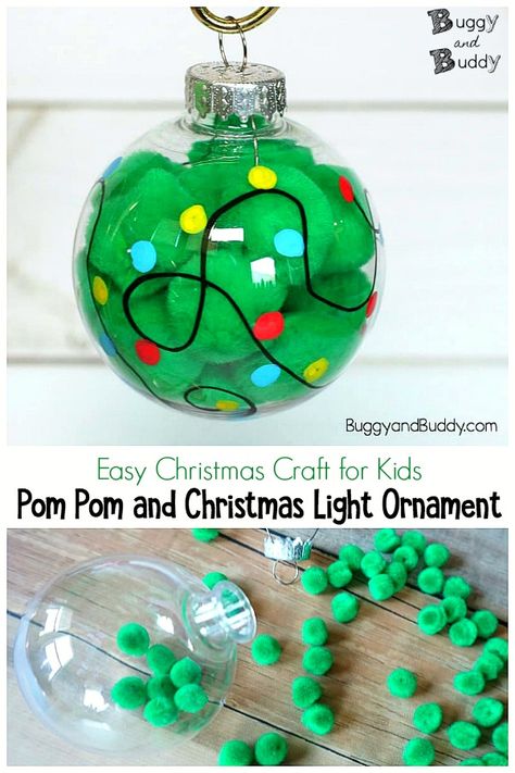 Pom Pom Christmas Tree Ornaments, Homemade Plastic Ball Ornaments, Green Ornament Ideas, Christmas Ball Ornaments Diy Kids, Diy Kids Clear Ornaments, Ornament Ball Crafts For Kids, Disc Ornaments Diy Kids, Christmas Ornaments Clear Plastic Balls, Craft Ornaments For Kids Easy Diy