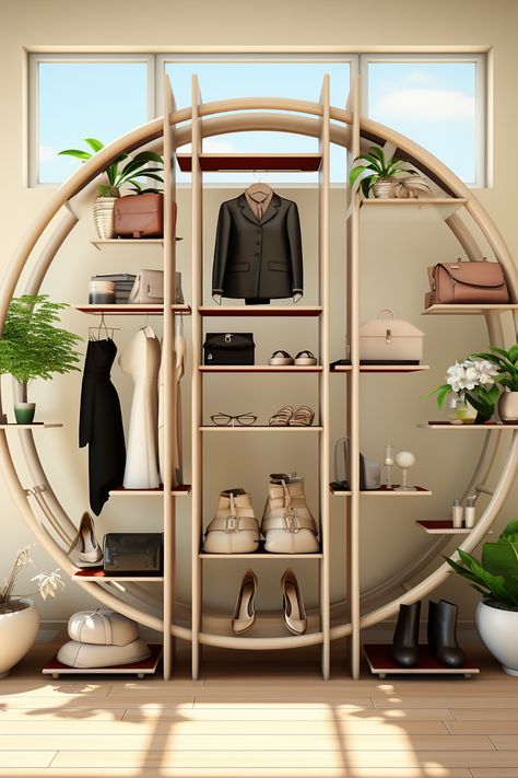 Created by an art deco designer, this curated space celebrates women designers and their unique modes of display. Earth tones, from light black to light beige, sculpt a harmonious ambiance. Immerse yourself in the allure of collecting, balanced with the beauty of nature's greenery. #Fashion #Cabincore #ElegantOasis #ArtDecoDesign #Entryway #Coat rack #shoe rack #Closet#Midjourney #Casadiso #AustraliaInterior #SydneyFurniture Round Closet, Rack Closet, Entryway Coat Rack, Shoe Rack Closet, Furniture Design Inspiration, Cabin Core, Coat Closet, Foyer Design, Rack Design