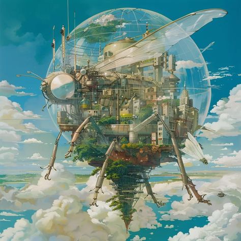 The image shows a steampunk city inside a giant flying insect. The insect has a clear dome over its body, which allows us to see the city inside. The city is made up of tall buildings, trees, and other structures. The insect is flying through a cloudy sky, and there is a large body of water below it. Steampunk Flying City, Flying City, Steampunk City, Tall Buildings, Flying Insects, Body Of Water, Cloudy Sky, The Sky, Art Images