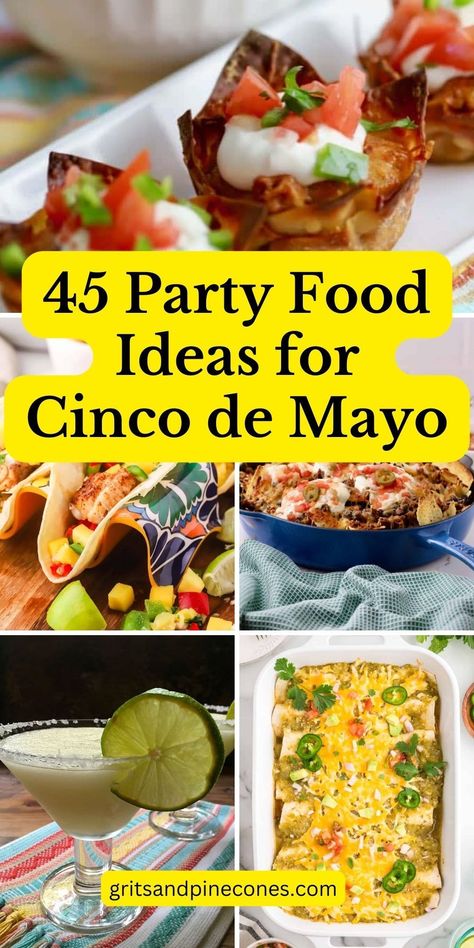 Plan your Cinco de Mayo menu with these party food ideas! From tacos to margaritas, and appetizers to desserts, there are over 40 of my favorite Mexican recipes and party food ideas that are perfect whether you are cooking for two or a crowd. These dishes include appetizers, entrées, side dishes, desserts, and everything else you need right here! Mexican Inspired Party Food, Tacos For 30 People, Make Ahead Mexican Food For A Crowd, Margarita Night Party Food, Fiesta Menu Ideas, Mexican Food For A Crowd Parties, Mexican Party Buffet, Mexican Food For Parties, Mexican Food Recipes For A Crowd