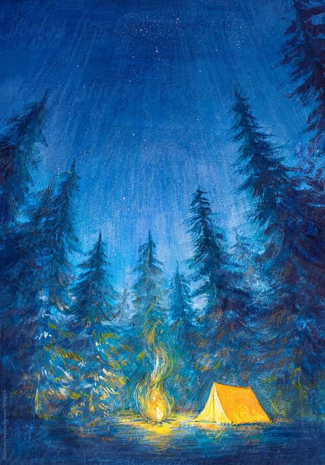 Camping Drawing, Winter Drawings, Wood Illustration, Forest Camp, Night Forest, Nature Art Painting, Night Art, Drawn Illustration, Animation Design