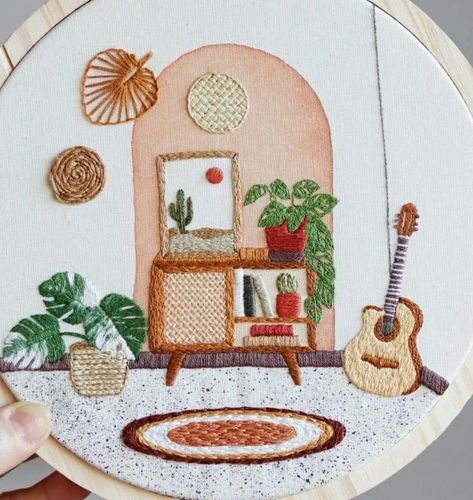 Interior Design Embroidery, Room Embroidery, Redwork Machine Embroidery Designs, Machine Embroidery Redwork, Embroidery Stitches Beginner, Embroidery Wall Art, Hand Embroidery Tutorial, Handmade Embroidery Designs, Embroidery Stitches Tutorial