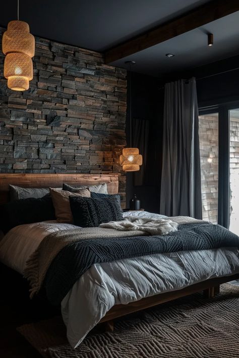 24 Modern Dark Bedroom Aesthetic Ideas for Fall Evenings - Quiet Minimal Rustic Modern Bedroom Ideas, Rustic Master Bedrooms Decor, Stone Wall Bedroom, Dark Brown Bedroom Ideas, Cozy Rustic Bedroom, Dark Modern Bedroom, Dark Grey Bedding, Black Bedroom Aesthetic, Dark Bedroom Aesthetic