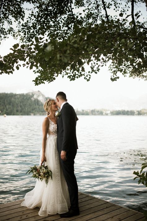 Lake Bled, Slovenia wedding Wedding Pictures On Dock, Cottage Wedding Ceremony, Wedding Photos Lakeside, Wedding Pics By Lake, Wedding Photos By The Lake, August Lake Wedding, Lake Prenup Shoot, Lake Wedding Ideas Decoration, Lake Wedding Picture Ideas