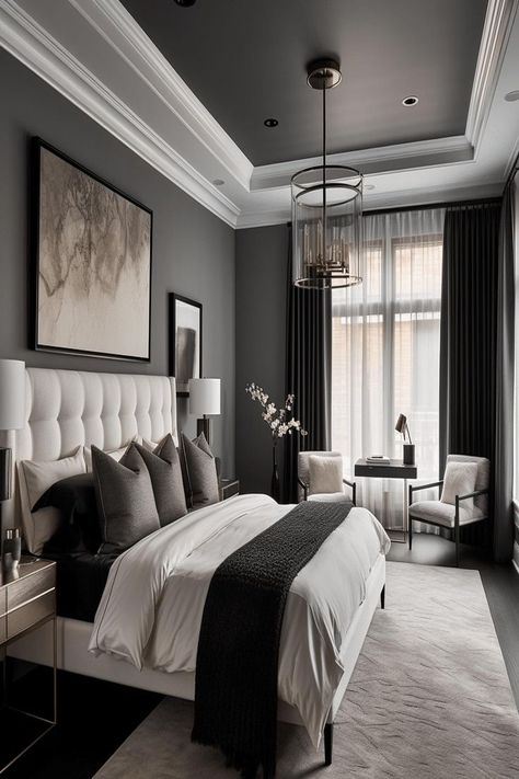 Bedroom with a dramatic black ceiling and grey walls. Grey Room Ideas Bedroom, Ceiling Lighting Ideas, Black And Grey Bedroom, Dark Gray Bedroom, Light Gray Bedroom, Grey Bedroom Design, Gray Bedroom Walls, Bold Bedroom, Grey Bedroom Decor