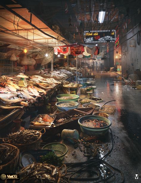 Dystopian Market, 3d Architectural Visualization, Analog Photography, Architectural Visualization, Fish Market, Walled City, Environment Design, Environment Concept Art, City Aesthetic