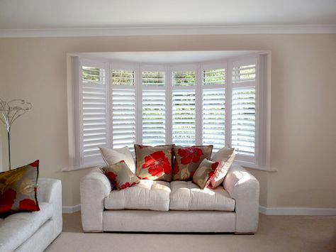 Lounge Bay Shutters Bay Windows With Curtains, Blinds For Bay Windows, Window Shutter Blinds, Wooden Shutter Blinds, Downstairs Ideas, Bedroom Shutters, Bay Window Blinds, Bay Window Shutters, Living Room Shutters