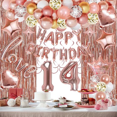 PRICES MAY VARY. Beautiful Rose Gold Birthday Decorations Kit: Includes 39*79in rose gold metallic fringe curtains*2, 32in number foil balloons*2, 51*34in ‘love’ foil balloon*1, ‘happy birthday’ foil balloon*1set, 29.5*27.5 crown balloon*1, 12in confetti balloons (rose gold*6, gold*6), 10in balloons (metallic rose gold*6, metallic gold*6, rose gold*6, white*6), 18in foil balloons*4, 10in star foil balloons*2, hanging swirls*1, balloon tools*1. Nice Choice for Girls’ 14th Birthday Party: Beautifu 14th Birthday Decorations, Balloon Fringe, Gold Happy Birthday Banner, Crown Balloon, Gold Birthday Party Decorations, Pink And Gold Birthday Party, Pink Gold Birthday, Gold Birthday Decorations, Fringe Curtains