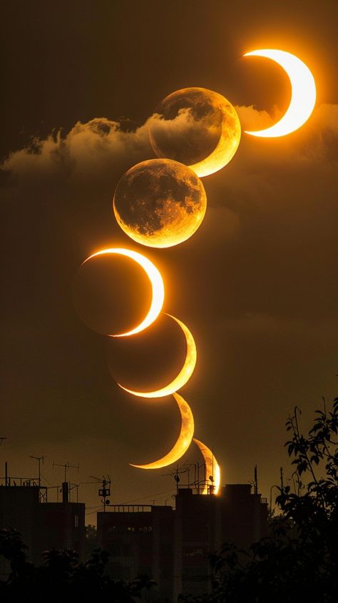 "Eclipsed Moon Sequence: A mesmerizing #lunareclipse sequence of the #moonphases in #eclipsephases captured over the silhouette of the #cityskyline. #moon #eclipse #sky #sequence #night #aiart #aiphoto #stockcake ⬇️ Download and 📝 Prompt 👉 https://stockcake.com/i/eclipsed-moon-sequence_1096684_410327" Moon And Sun Pictures, Fairy Moon Aesthetic, Moon Phase Aesthetic, New Moon Aesthetic, The Moon Aesthetic, Eclipse Aesthetic, Solar Eclipse Photography, Moon In Space, Luna Eclipse