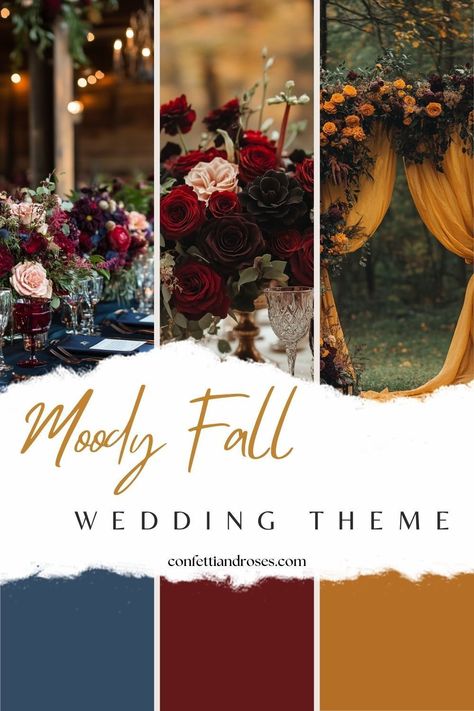 [Sponsored] Looking For Ideas To Create The Perfect Moody Fall Wedding? Explore Enchanting Decor, Lush Flowers, And Warm, Inviting Colors That Capture The Essence Of Autumn. These Table Settings And Floral Arrangements Will Transform Your Venue Into A Romantic, Autumnal Wonderland, Ideal For An Unforgettable Celebration. #autumnweddingflowersoctober Rustic Fall Wedding Place Setting, Moody Wedding Centerpieces Diy, Burnt Orange And Burgundy Wedding Centerpieces, Romantic Jewel Tone Wedding, Classy Fall Wedding Colors, Romantic Halloween Wedding, Fall Wedding Centrepiece, Dark Fall Wedding Aesthetic, Elegant Fall Wedding Colors